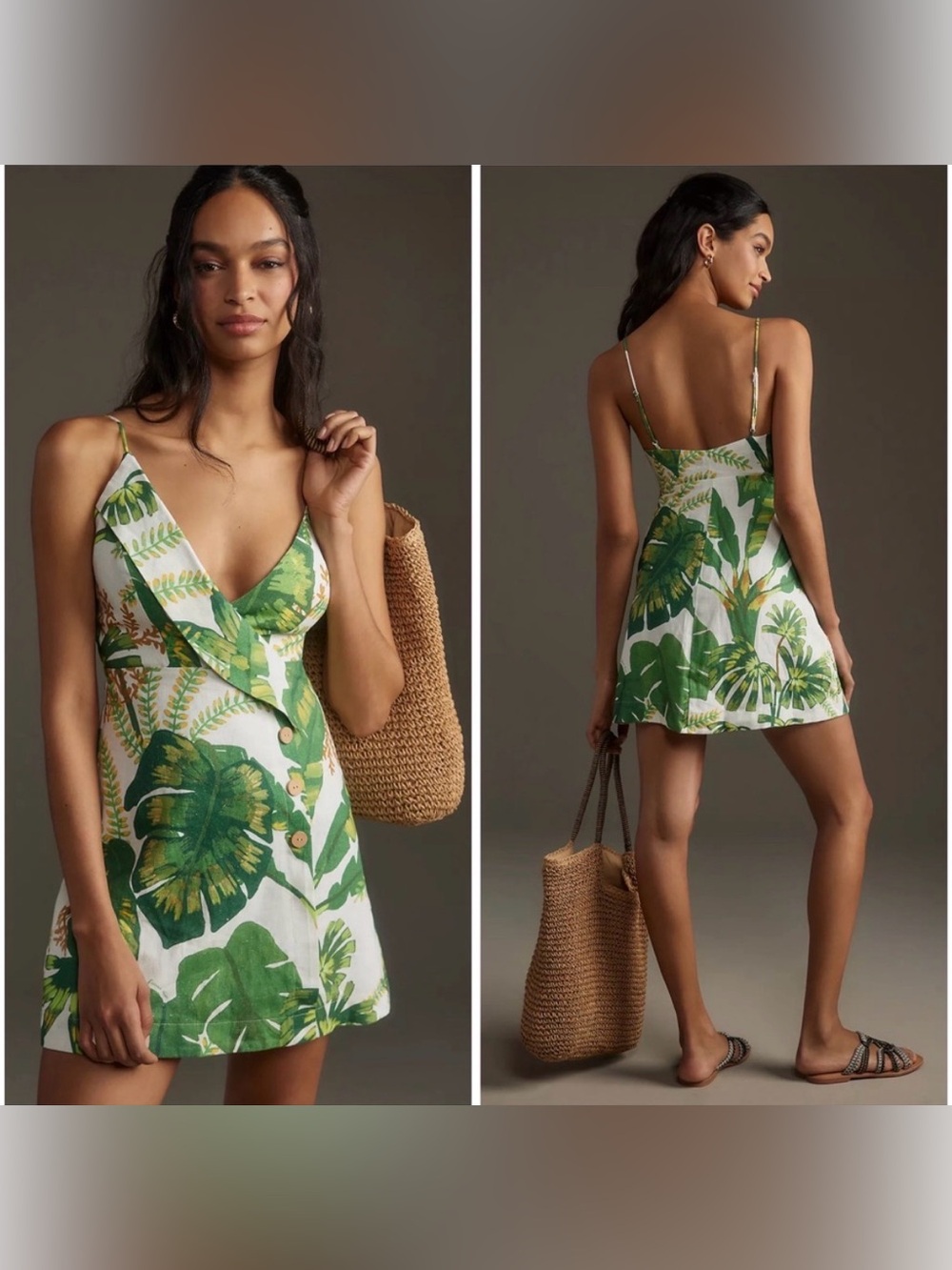FARM Rio Tropical Forest Linen Mini Dress Green White Tropical Size S